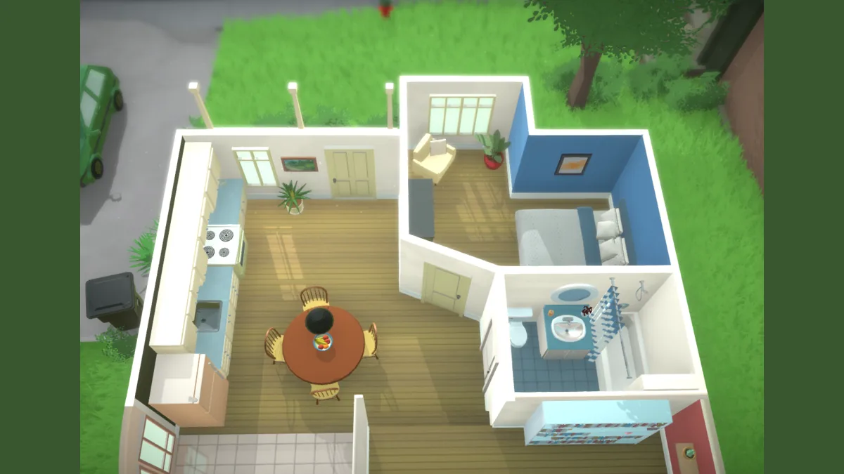 Paralives overhead view of a house floor plan with kitchen, living and bedroom areas and a garden