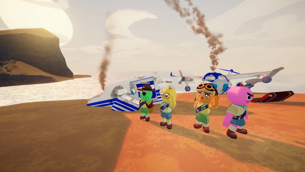 Peak scout characters standing beside a crashed propeller plane on a sandy shore as smoke rises