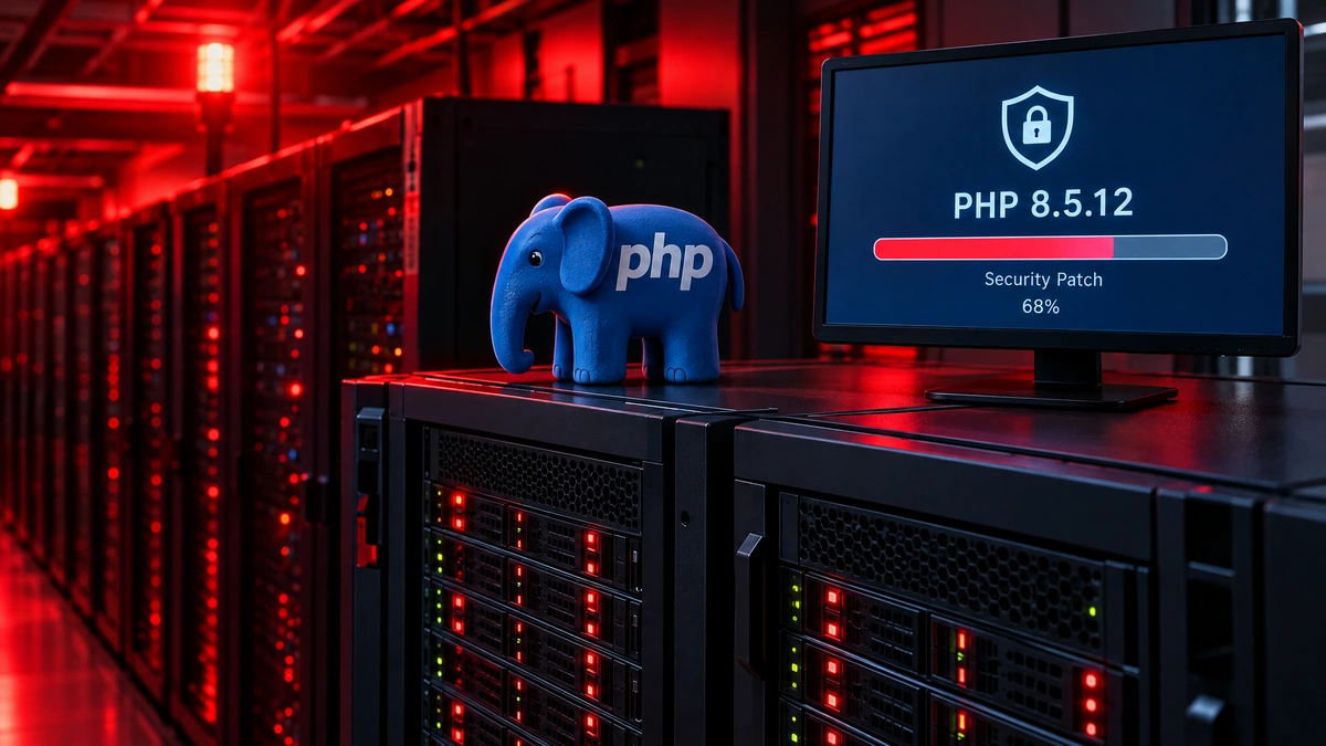 Illustration by techshooked: a PHP elephant figurine on a server rack beside a screen showing a PHP 8.5.12 security patch
