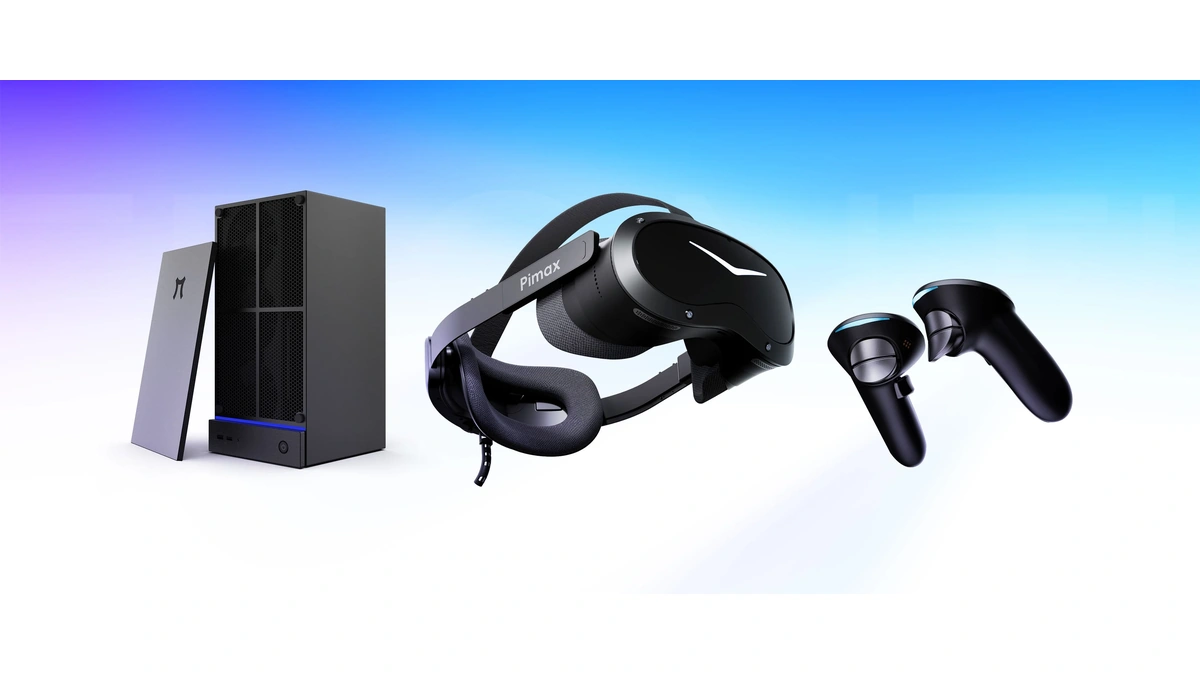 Pimax Spation mini PC, Crystal Pro VR headset and a pair of motion controllers on a blue-to-white gradient background