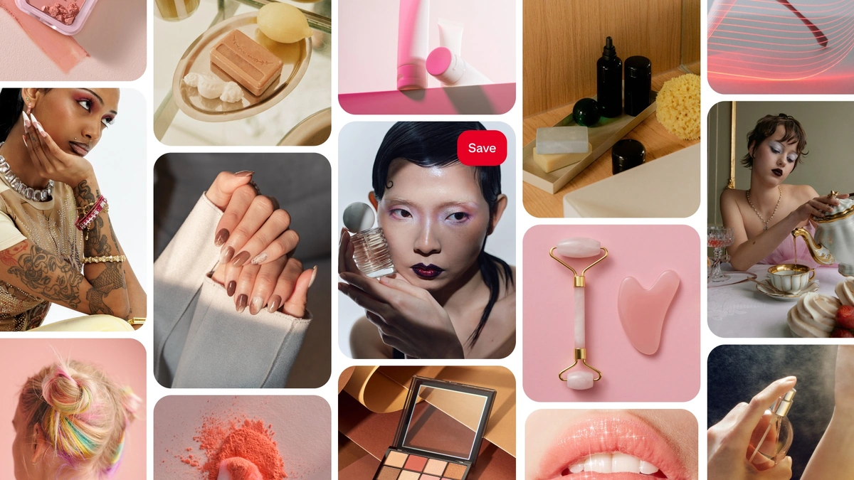 Pinterest Beauty Trend Report grid of beauty Pins showing nail designs, hairstyles and makeup looks
