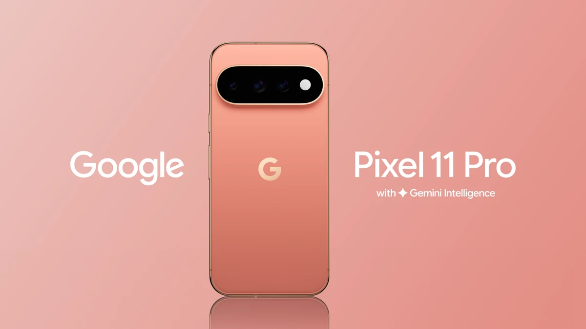 Google Pixel 11 Pro in a coral finish showing its rear camera bar, beside the Google and Pixel 11 Pro wordmarks