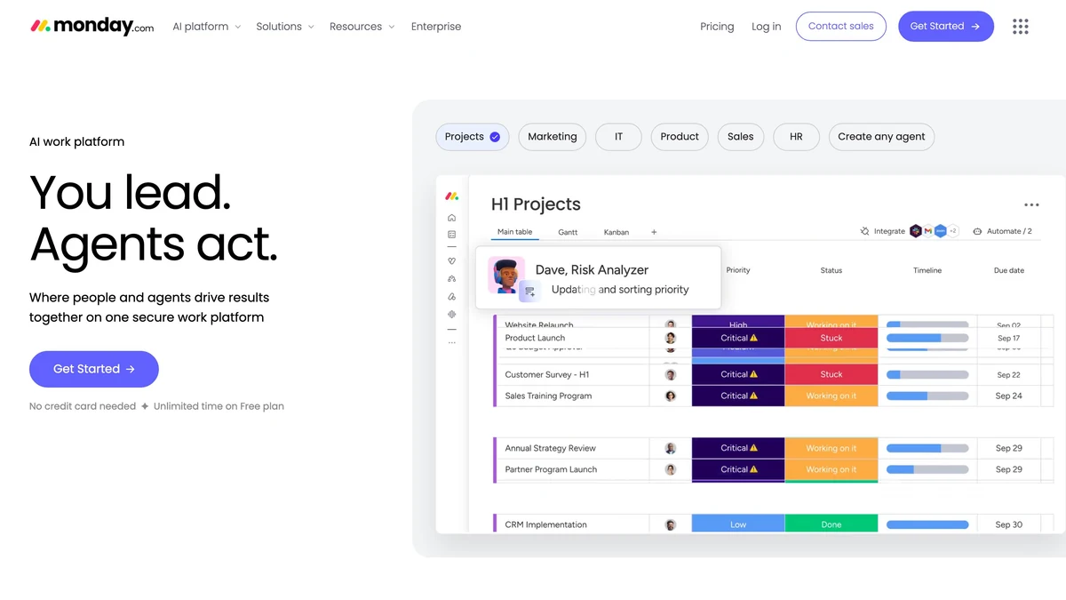 Monday.com work platform showing a projects board with status, timeline, and an AI agent panel