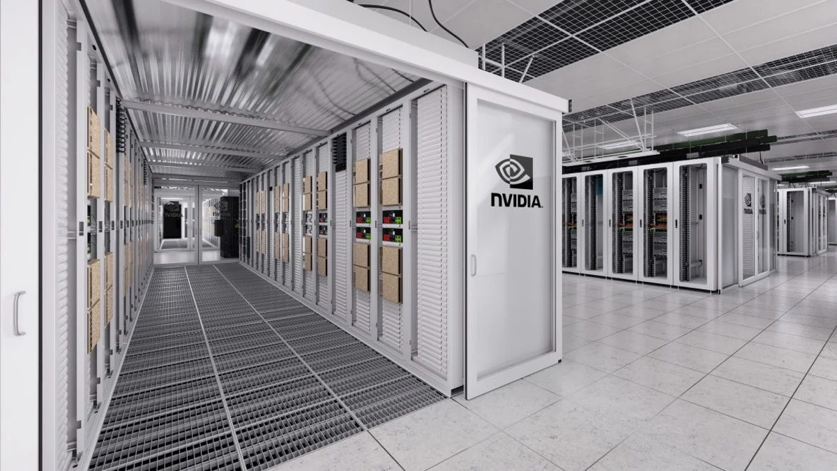 NVIDIA data center with rows of server racks used for large-scale AI model training