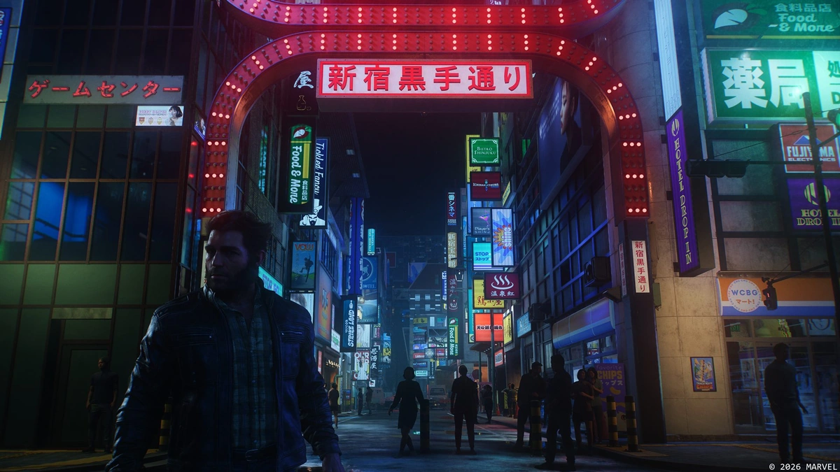 PlayStation 5 game footage from Sony Interactive Entertainment showing a man on a neon-lit Shinjuku street