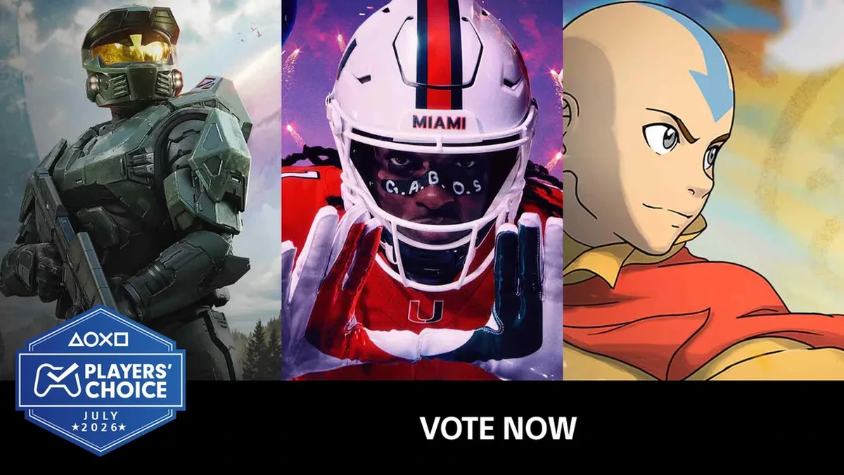 Players' Choice July 2026 key art: an armored soldier, a football player and Aang, above a Vote Now bar.