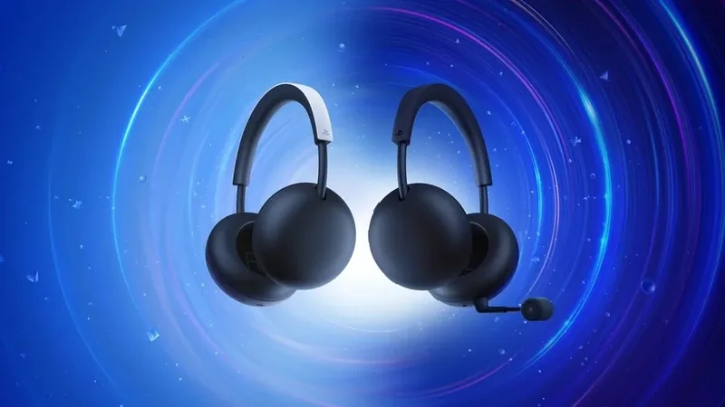 Two PlayStation Pulse wireless headsets facing each other on a blue swirl, one with a boom microphone