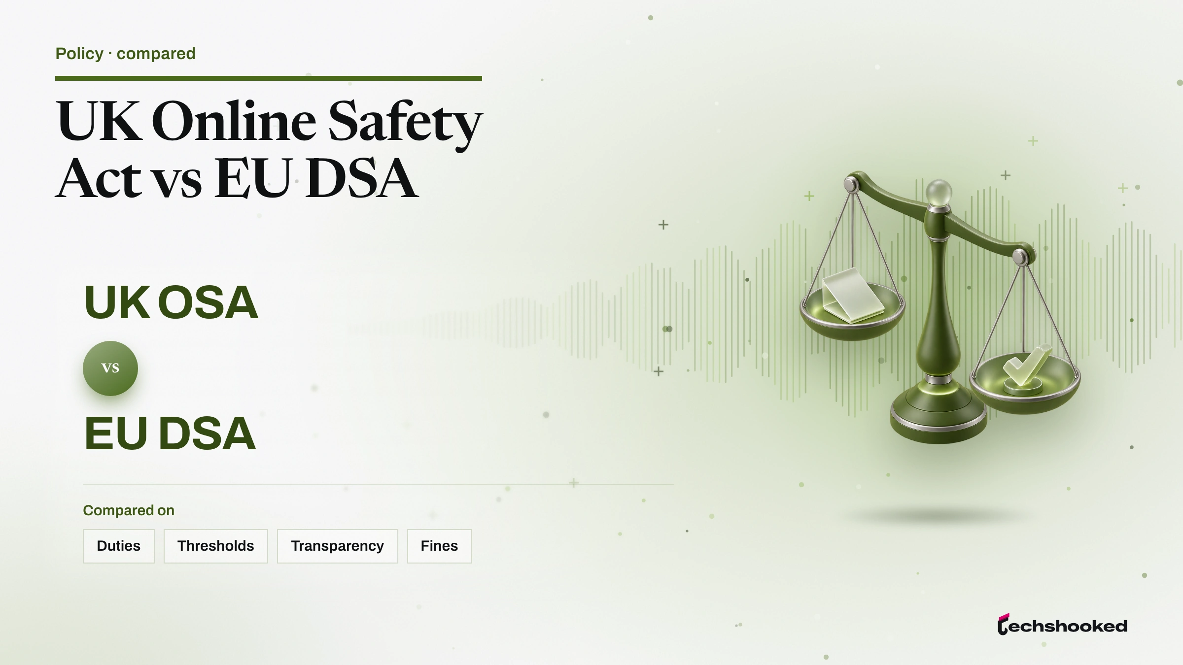 Comparison diagram of UK OSA versus EU DSA across duties, thresholds, transparency.