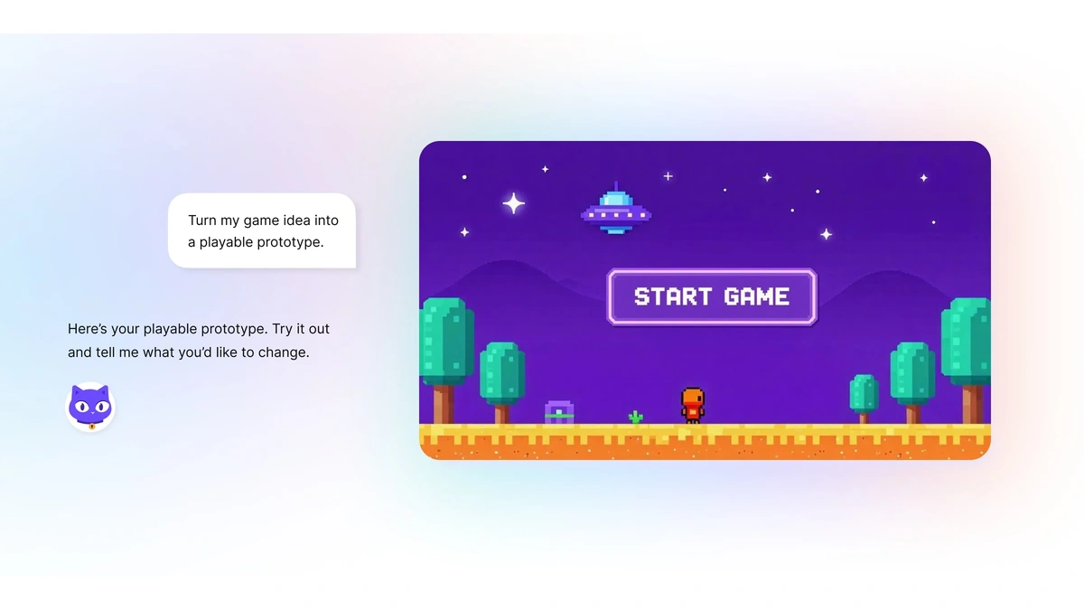 Proton Lumo chat bubble asking for a game prototype beside a purple start-game screen in the canvas
