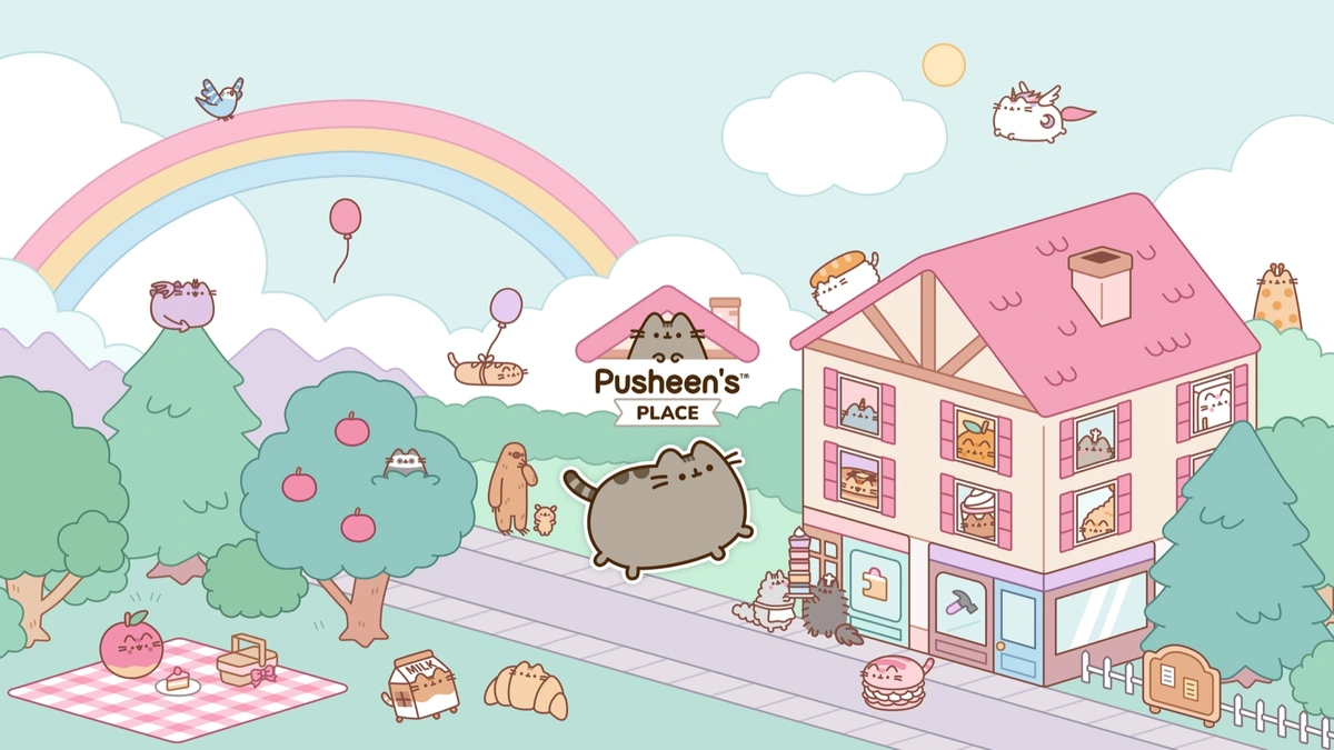 Pusheen's Place key art with the grey cartoon cat walking past a pink three-storey house of cats under a rainbow