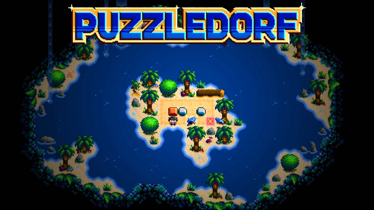 Puzzledorf title logo above a top-down pixel-art island level with palm trees and puzzle blocks