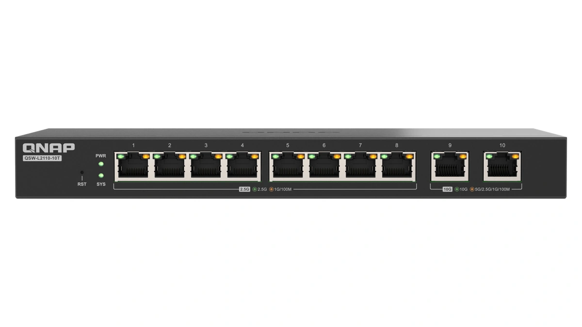 QSW-L2110-10T black desktop switch seen from the front with ten numbered Ethernet ports