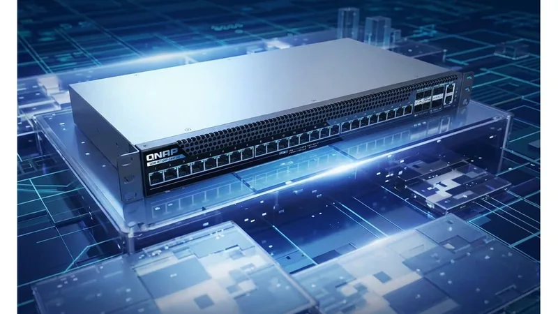 QNAP QSW-M7230P-2X4F24T rack switch rendered on a glowing blue circuit-style base