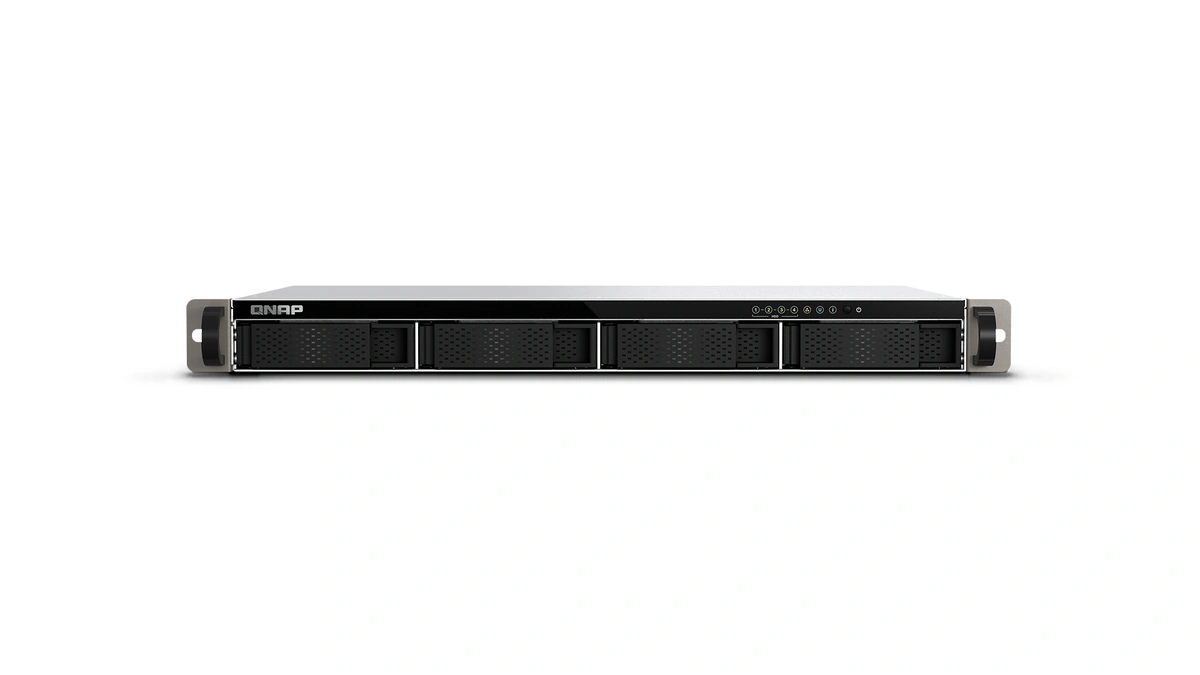 TS-432XeU from QNAP, a 1U black rackmount NAS with four front drive bays and status LEDs, on a white background