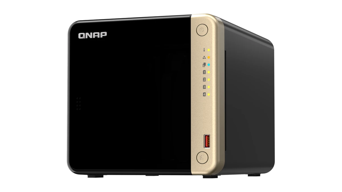 QNAP TS-464 NAS shows its gold status panel and USB port from the front right on a white background