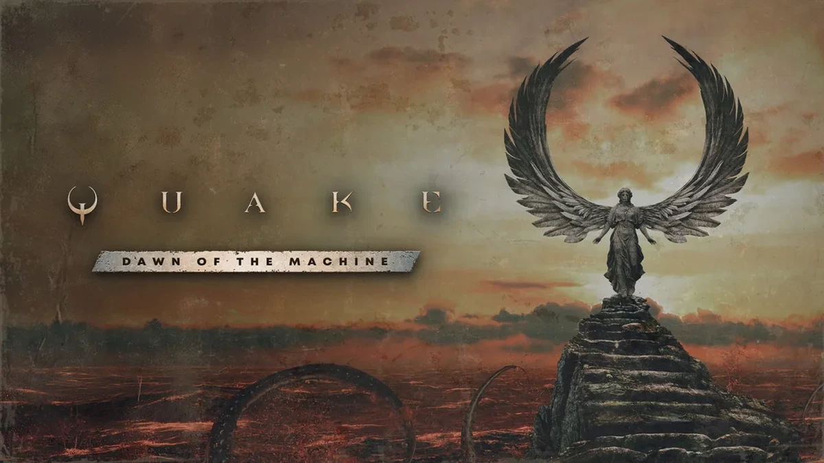 Quake: Dawn of the Machine key art featuring a winged angel statue on a rocky spire
