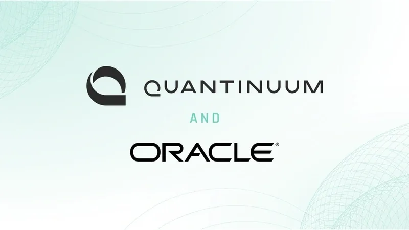 Quantinuum and Oracle logos stacked on pale mint with fine line-art globes