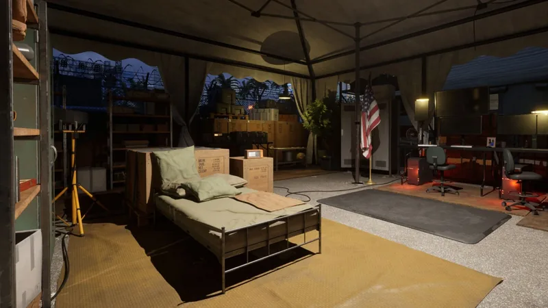 Quarantine Zone: The Last Check in-game screenshot of a dim canvas tent interior with a cot and crates