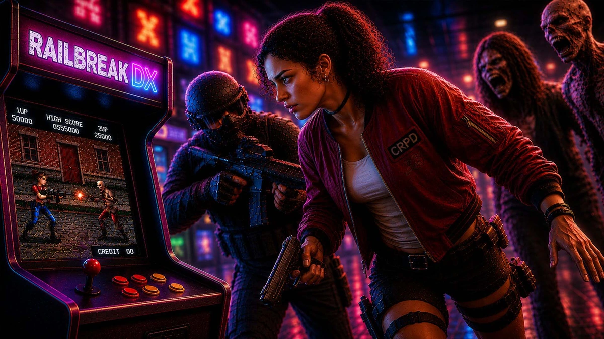 Railbreak DX key art showing an armed survivor confronting zombies beside a neon-lit arcade cabinet