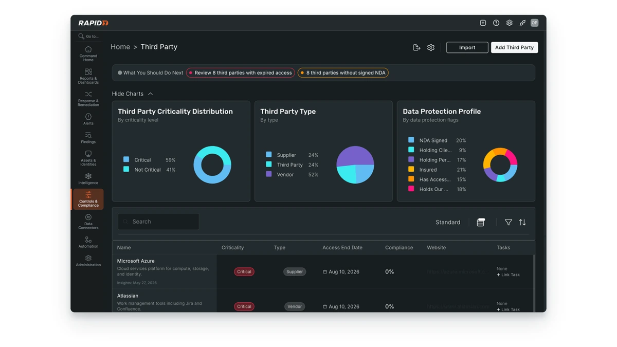 Rapid7 Cyber GRC third-party dashboard with criticality, type and data-protection charts over a vendor list