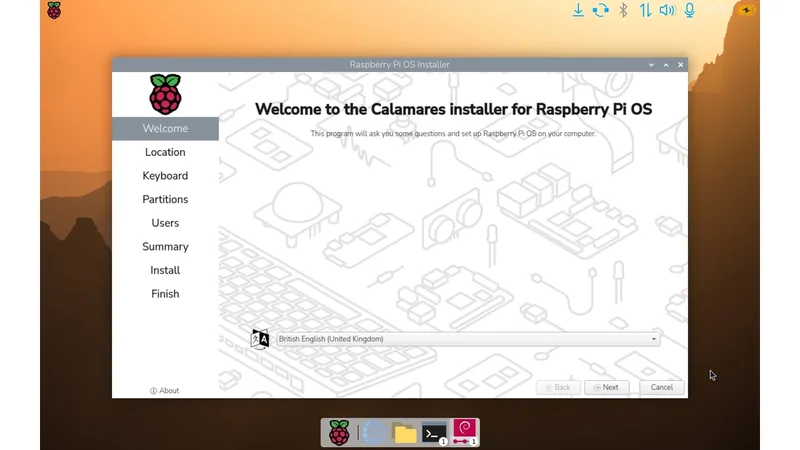 Raspberry Pi Desktop installer showing the Calamares welcome screen with the setup steps listed on the left