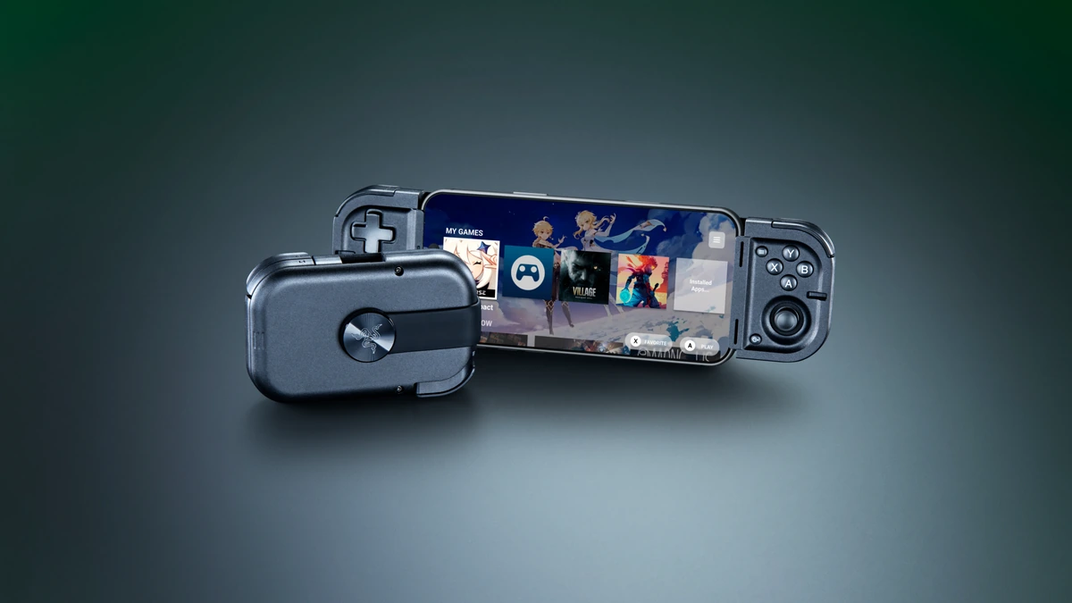 The Razer Prio folding controller, one half clipped to a phone showing a game library, the other folded shut