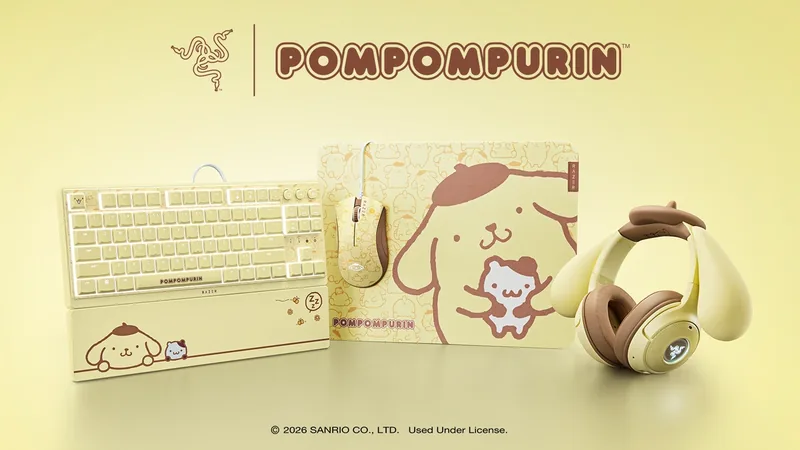 Razer Sanrio Pompompurin keyboard, mouse mat and eared headset in cream and brown on a yellow background