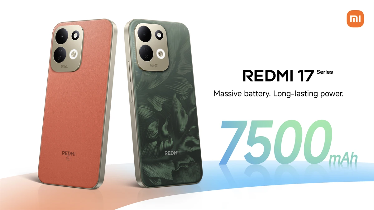 Redmi 17 Series phones in orange and green colorways with 7500mAh battery callout