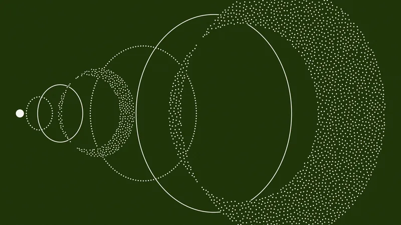 Reflection AI Beam artwork of expanding white rings and dotted arcs on a dark green background