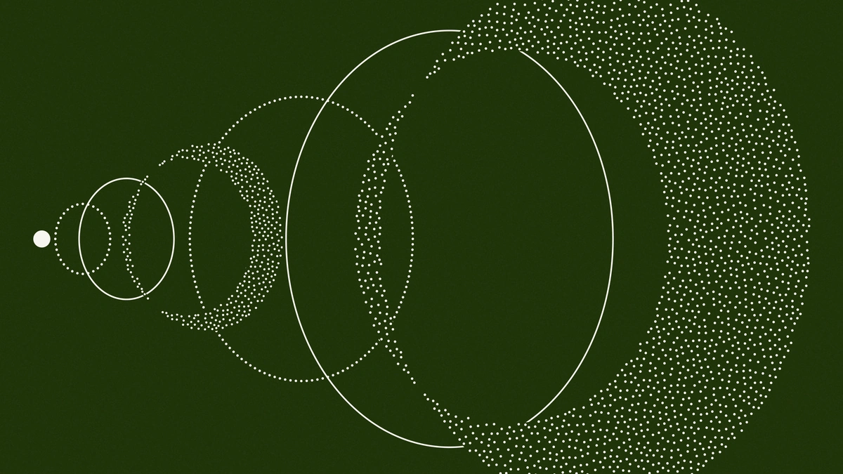 Reflection AI Beam artwork of expanding white rings and dotted arcs on a dark green background
