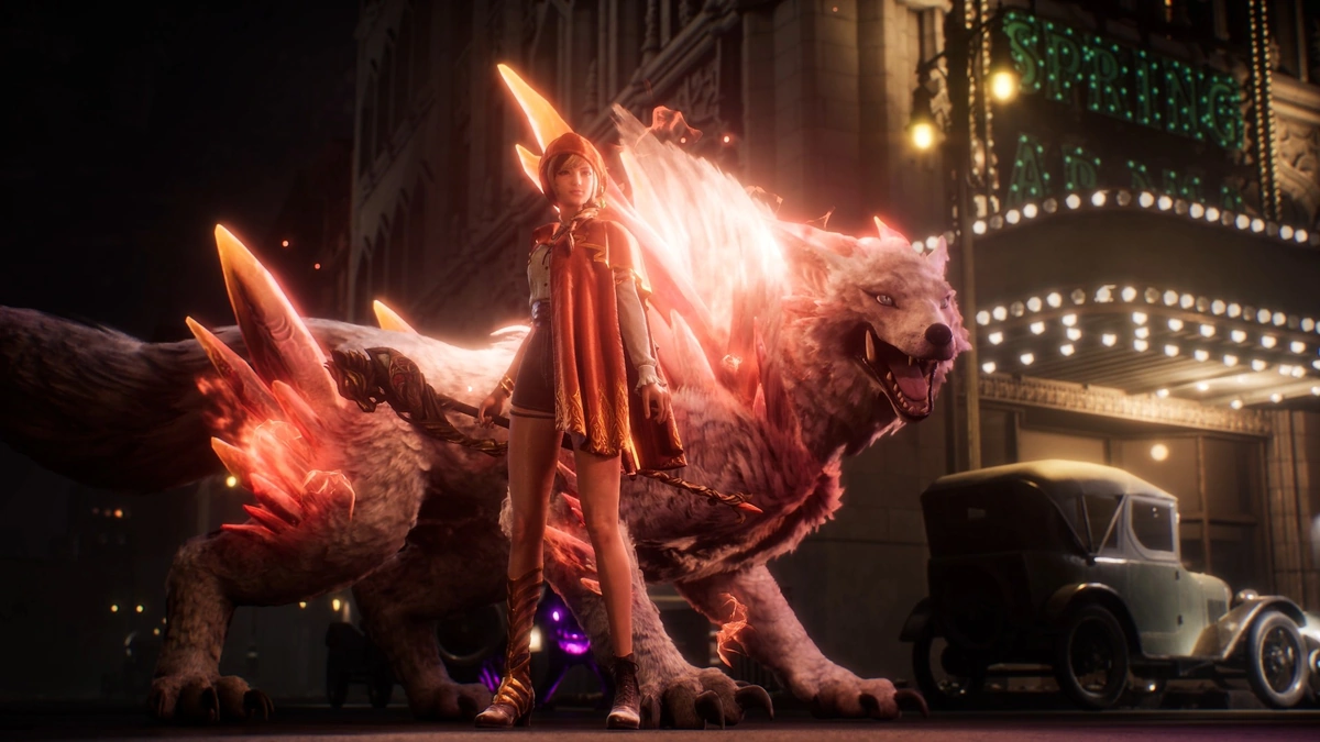 Rhapsody in Scarlet character Ellie in a red cape beside a glowing wolf-beast on a night-time 1920s New York street