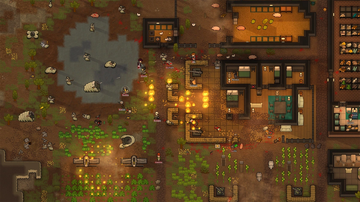 Ludeon RimWorld colony seen from above: wooden rooms, a sandbag wall, crop fields, colonists and animals beside a pond