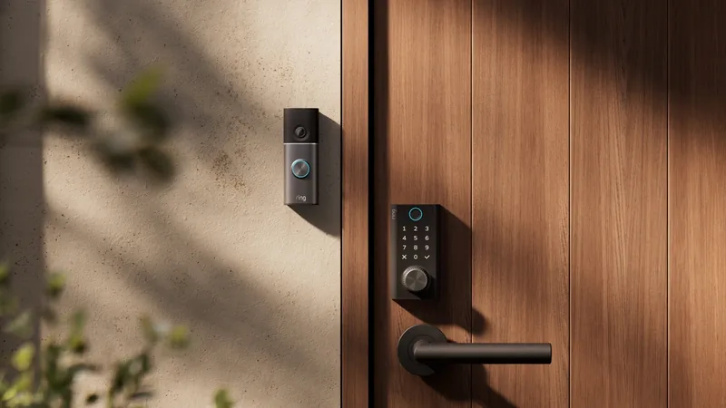 Ring Smart Lock with a keypad on a wooden front door, a video doorbell on the wall beside it