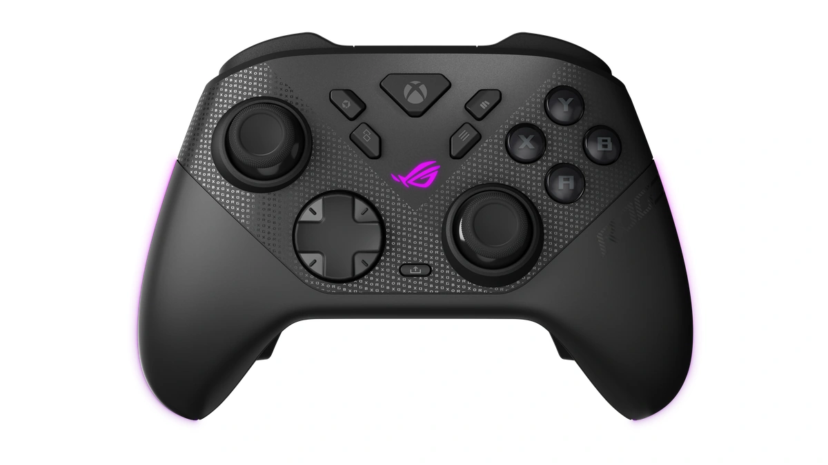 ASUS ROG Raikiri II controller seen from the front with its thumbsticks, D-pad and glowing ROG logo