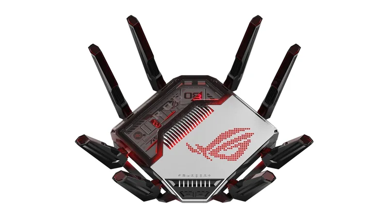ASUS ROG Rapture GT-BN98 router with its antennas spread out and a red-lit ROG logo on a white background