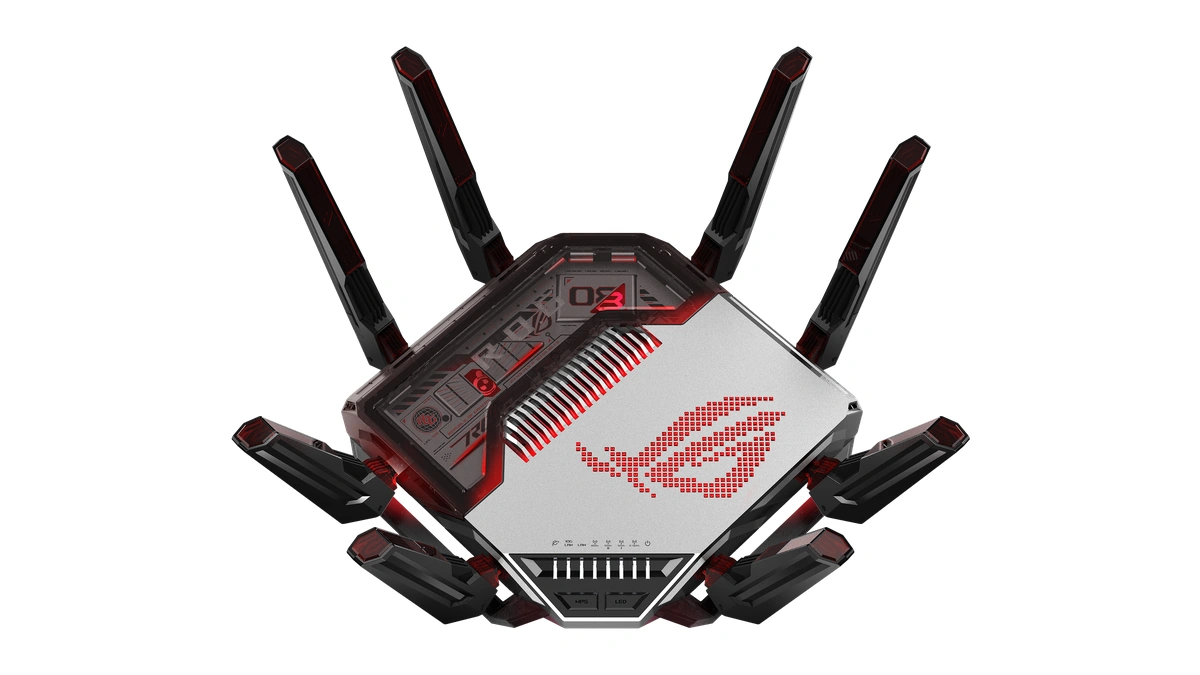 ASUS ROG Rapture GT-BN98 router with its antennas spread out and a red-lit ROG logo on a white background
