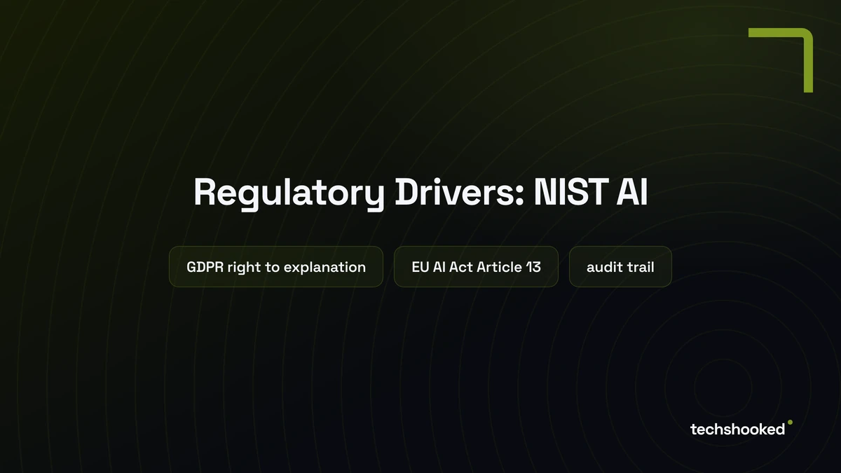 Diagram illustrates Regulatory Drivers: NIST AI RMF and EU AI Act: GDPR right to explanation, EU AI Act Article 13, audit tra