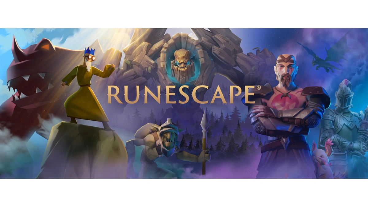 RS4 announcement artwork of heroes and monsters around the RuneScape wordmark