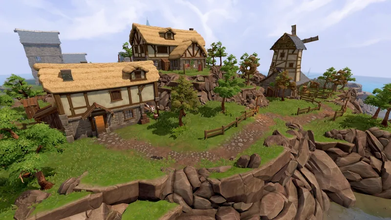 Jagex RuneScape Reignited screenshot of a remastered village with thatched cottages and a windmill on a cliff island