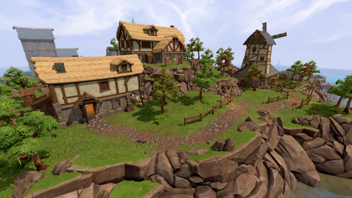 Jagex RuneScape Reignited screenshot of a remastered village with thatched cottages and a windmill on a cliff island