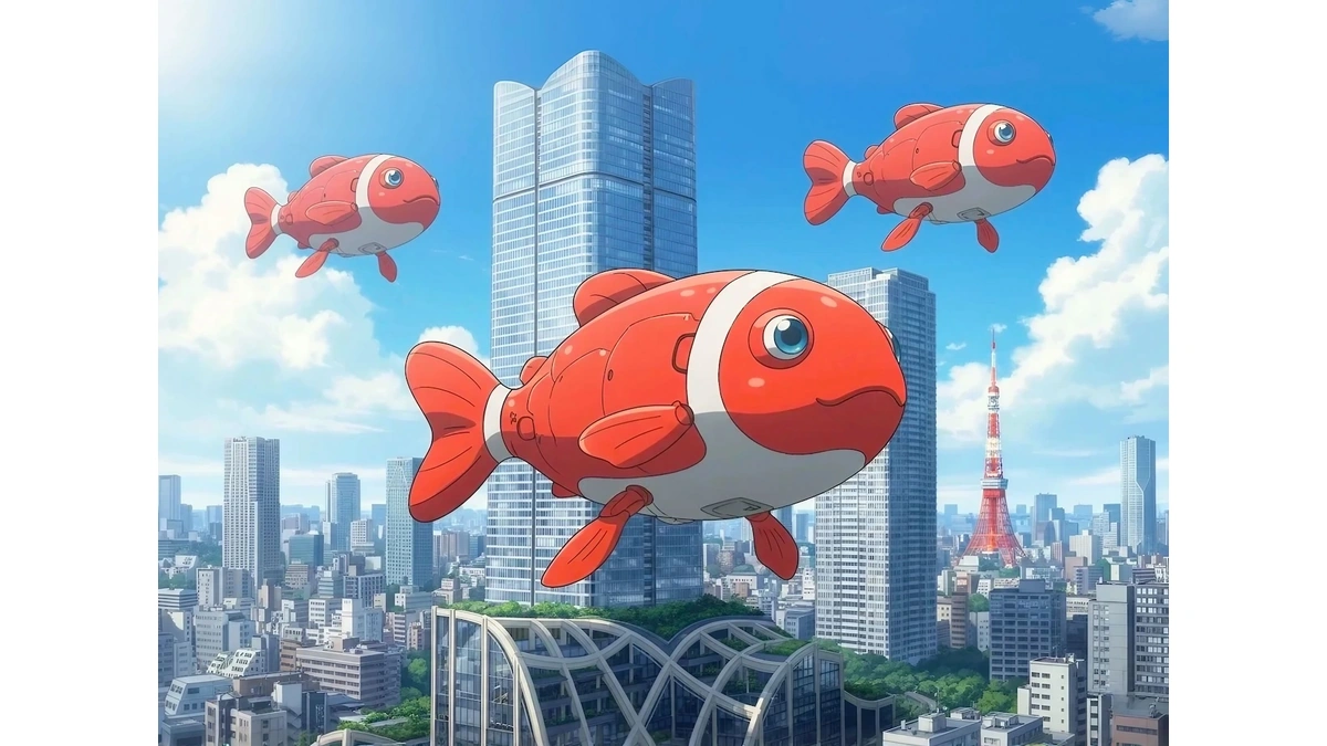 Sakana AI illustration of red-and-white fish floating over a Tokyo skyline