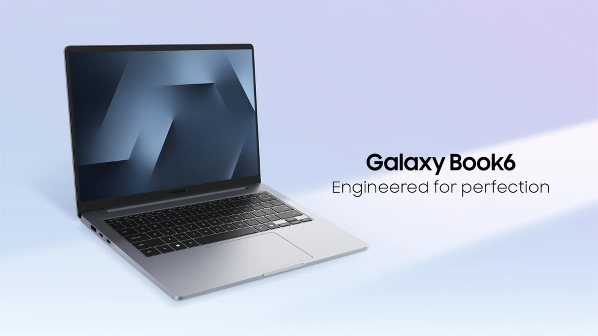 Samsung Galaxy Book6 open at an angle on a pale blue background