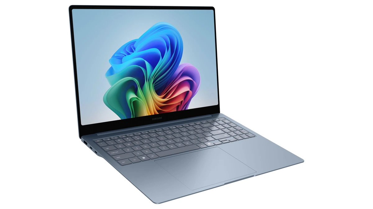 Samsung Galaxy Book6 Edge laptop open at an angle showing the keyboard and a colorful display