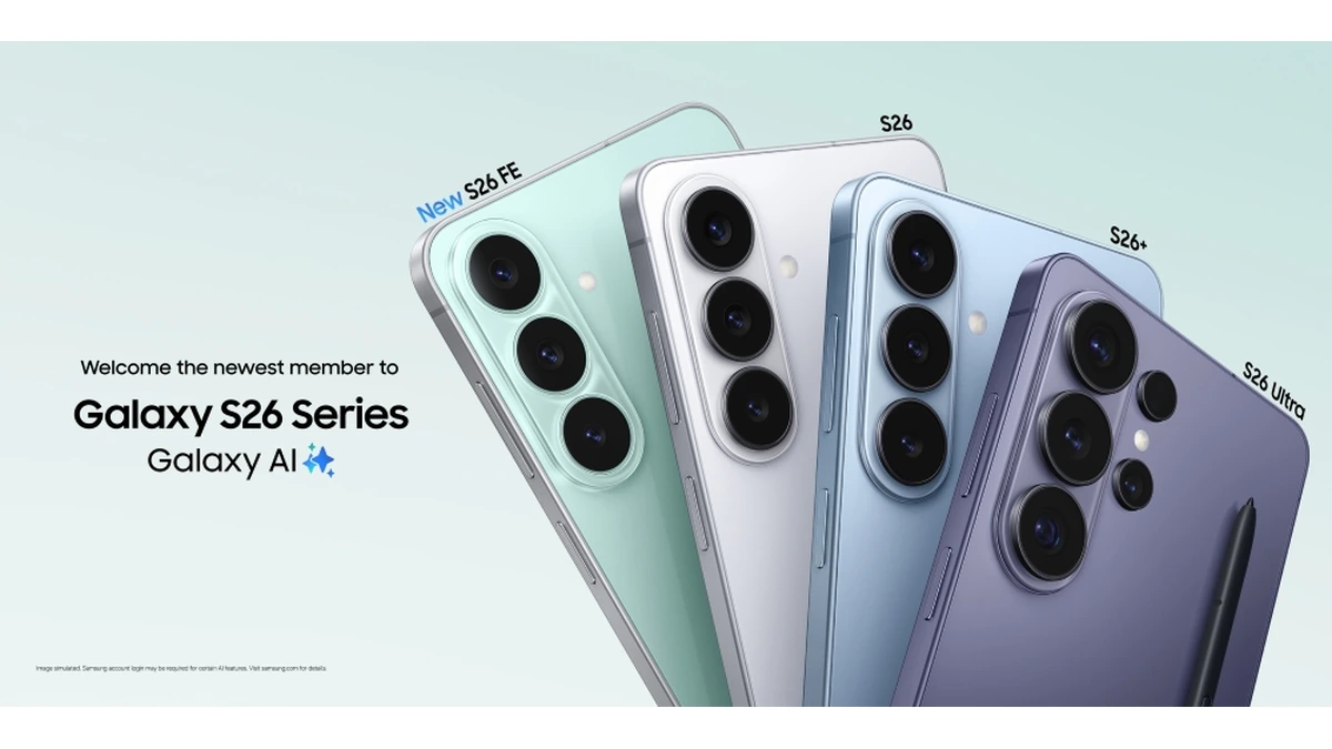 Four Galaxy S26 phones in mint, silver, blue, and dark purple on mint; mint unit labeled New S26 FE