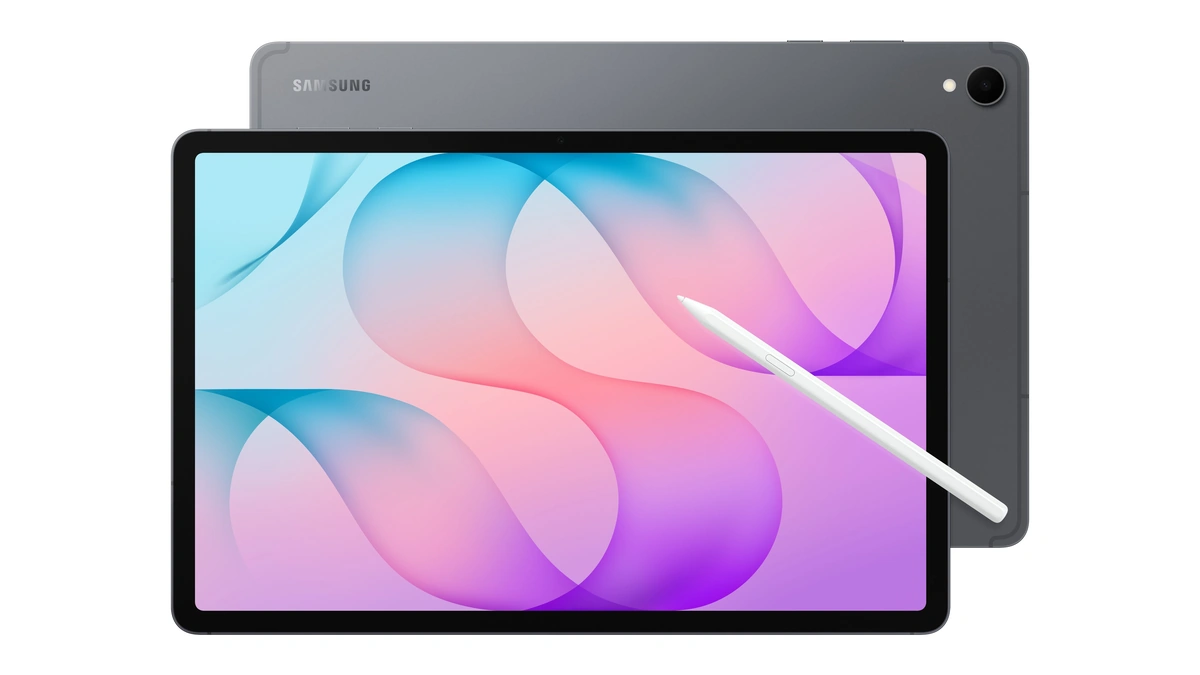 Samsung Galaxy Tab S12+ in gray, front and back views, with a white S Pen on the screen