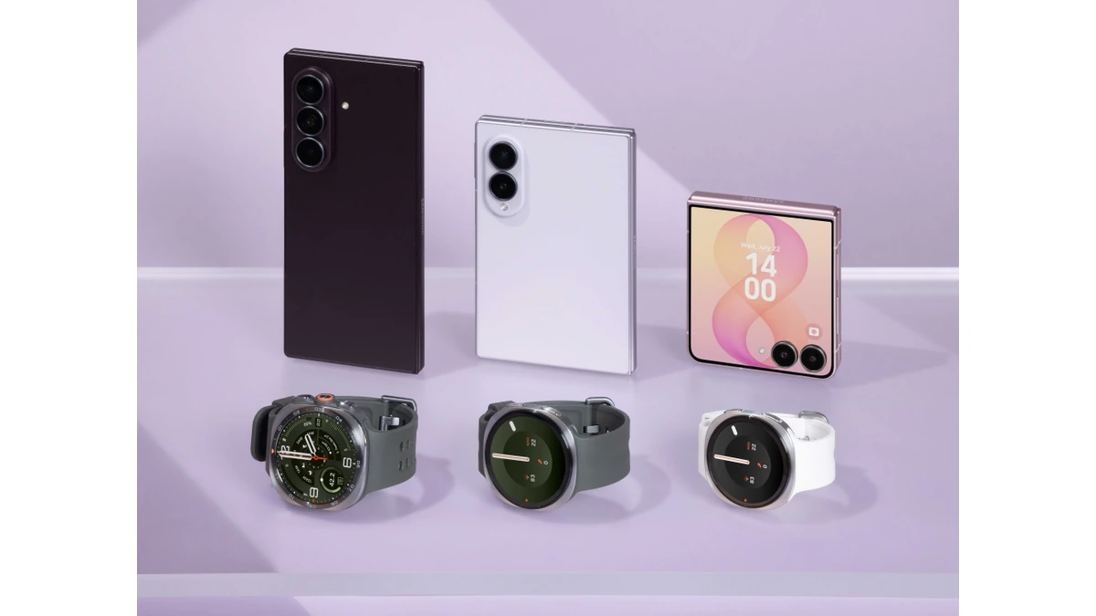 Three folded Samsung Galaxy Z Fold8/Flip8 phones and three Galaxy Watch devices arranged on a lilac background