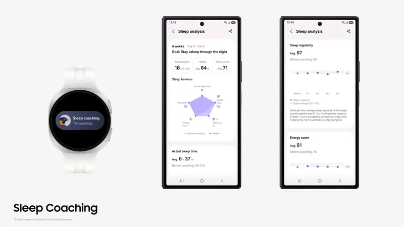 Sleep Coaching prompt on a Galaxy Watch beside two phones showing Samsung Health sleep analysis screens