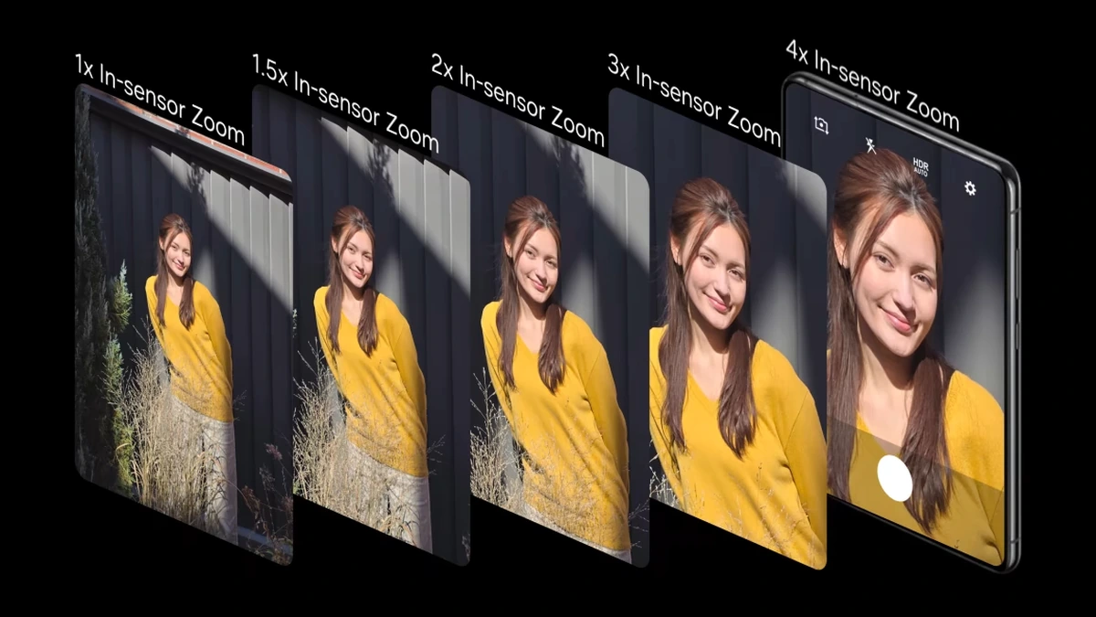 Samsung ISOCELL HPC in-sensor zoom demo showing five phone screens labelled 1x to 4x on one subject