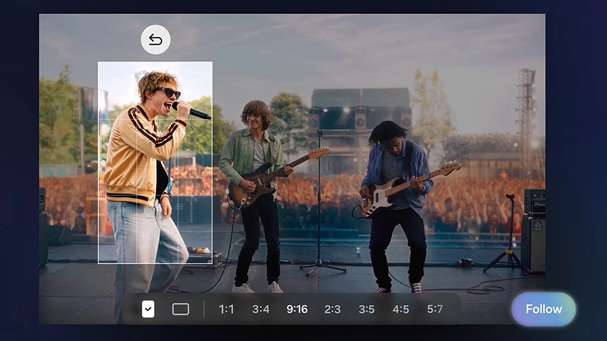 One UI 9 photo editor with aspect-ratio options open over a photo of a band performing on stage