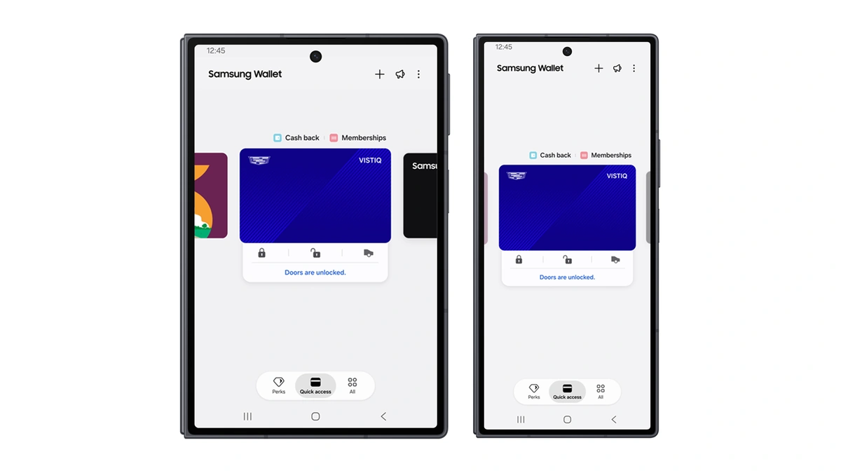 Samsung Wallet on two Galaxy phones showing a digital car key with lock and unlock controls